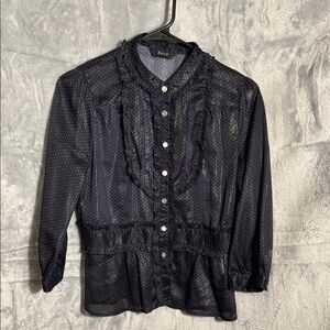 Soup Blue Polka Dot Blouse size s/m  3/4 sleeves  ruffles many style details